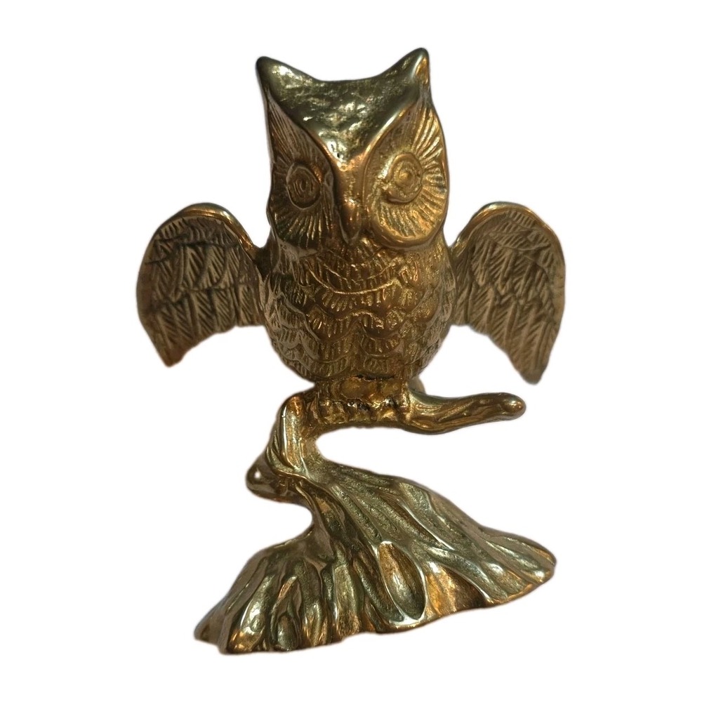Vintage Brass Owl Perched on Curved Tree Branch 5" Tall Bird Decor Raptor Nature